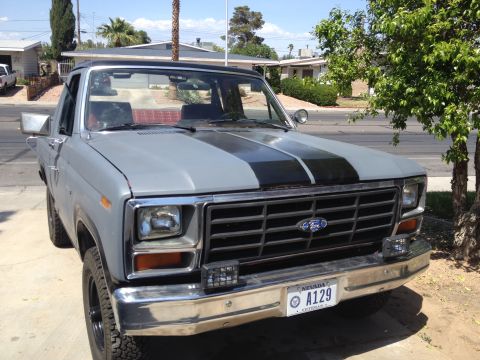 1982 Ford Bronco - This Ford Bronco has a distinctive two-tone paint scheme with racing stripes on the hood.