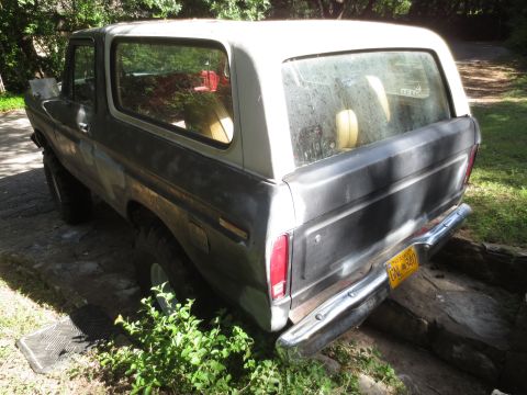1978 Ford Bronco - This 1978 Ford Bronco is parked on uneven ground with vegetation around it.
