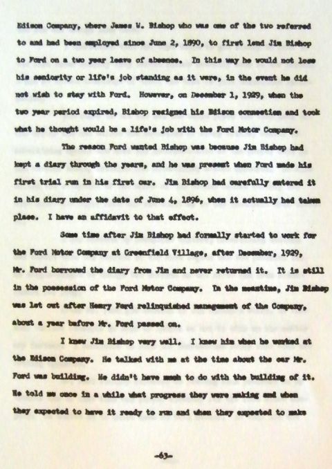 1909 Ford Model T - This document details James W. Bishop's employment history and his involvement with the Ford Motor Company.