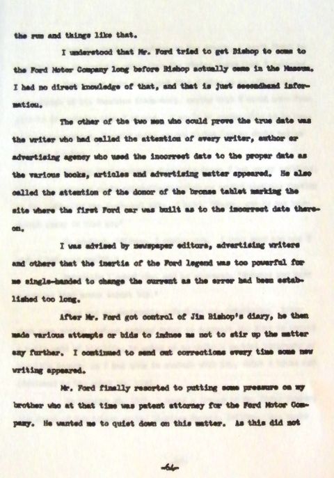1909 Ford Model T - Typed document detailing historical accounts related to the Ford Motor Company and its early history.