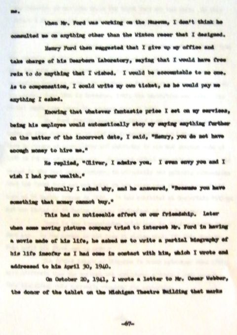1909 Ford Model T - A typed document detailing a conversation with Henry Ford regarding his work at the museum and his Dearborn Laboratory.