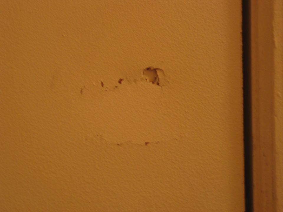 Close-up of a textured wall with a hole and some peeling paint