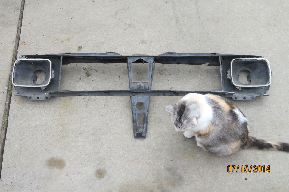 Car headlight support bracket with a cat sitting next to it