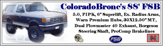 1988 Ford Bronco, two-tone blue and silver, lifted with large tires, viewed from a 3/4 front angle