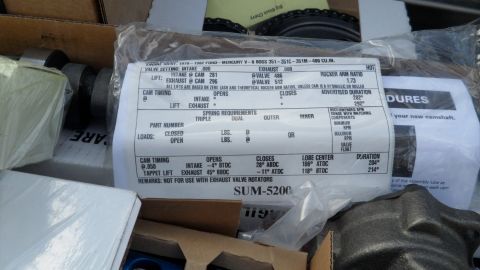 1972 Ford Ranchero - A close-up of engine parts and a specification sheet for a camshaft.