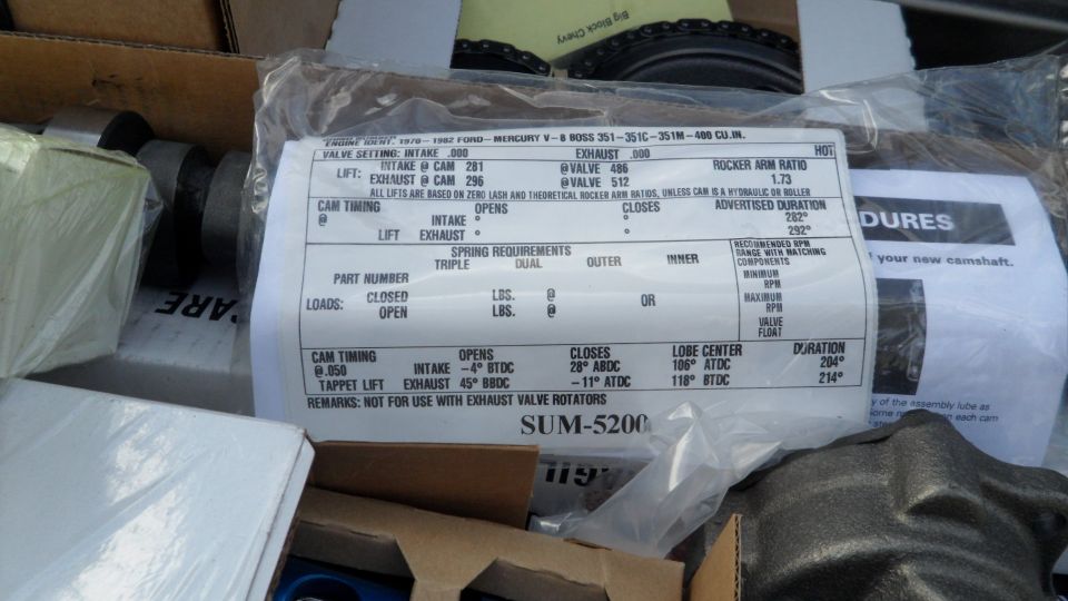 Camshaft specs sheet and parts in boxes