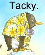 1991 Ford Crown Victoria - Illustration of a penguin dressed in a Hawaiian shirt and bow tie.