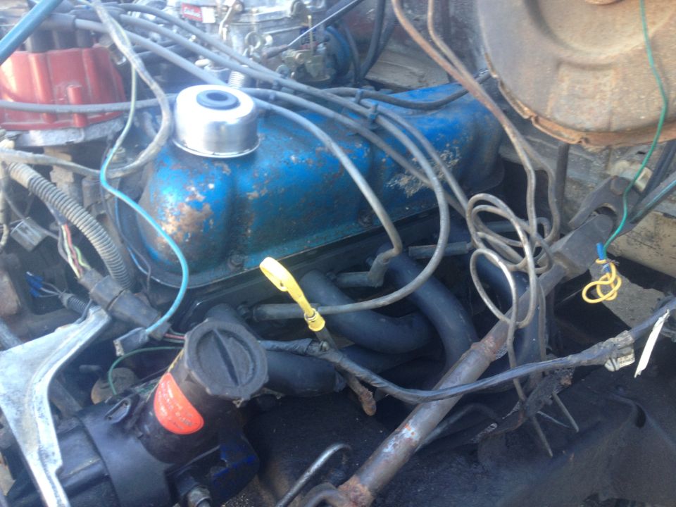 Engine bay with blue valve covers, spark plug wires, and exhaust manifold