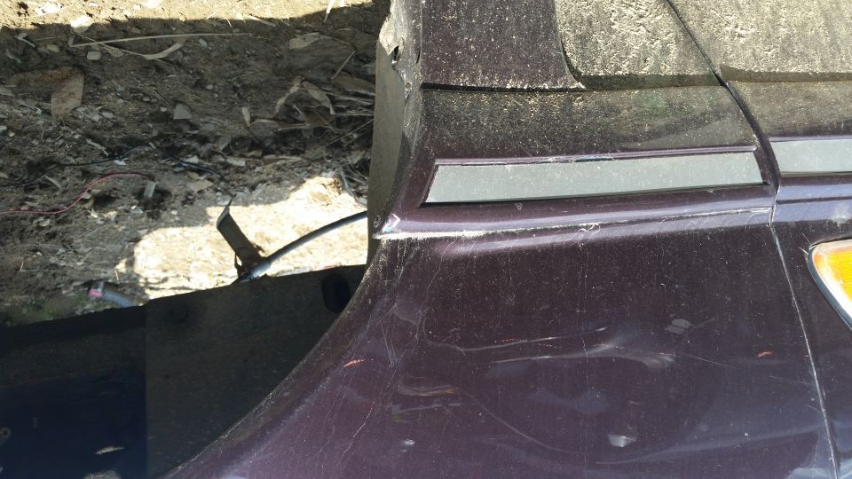 Close-up of a dark purple car fender with chrome trim and a yellow turn signal housing