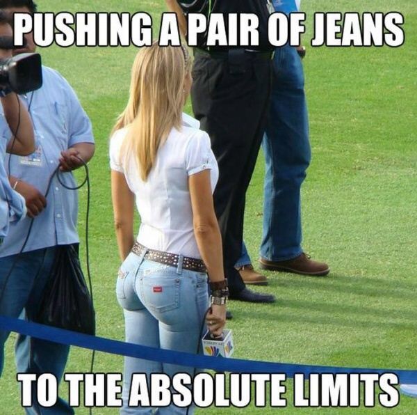 Woman in tight jeans holding a microphone, with text overlay about pushing limits
