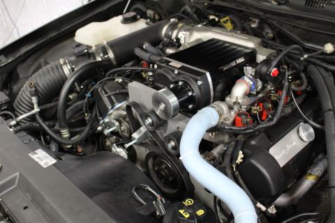 2003 Ford Crown Victoria - Engine bay showing a Kenne Bell supercharger atop the intake with a blue silicone coolant hose and Trick Flow valve cover.
