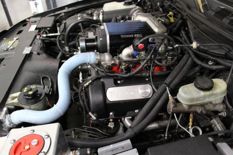 2003 Ford Crown Victoria - Engine compartment featuring a Kenne Bell supercharger, blue coolant hose, and Trick Flow valve cover.