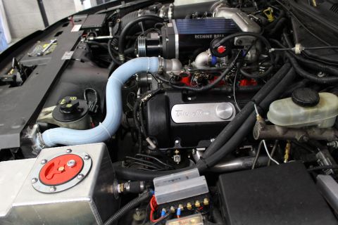 2003 Ford Crown Victoria - Engine compartment with a Kenne Bell supercharger, Trick Flow valve cover, blue coolant hose and a red fuel cell fill plate.
