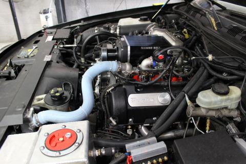 2003 Ford Crown Victoria - Engine compartment showing a Kenne Bell supercharger, Trick Flow valve cover, blue coolant hose and brake master cylinder.