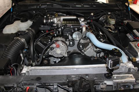 2003 Ford Crown Victoria - Engine compartment showing a Kenne Bell supercharger drive, alternator and a finned aluminum radiator below.