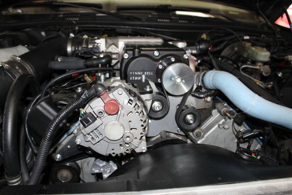 Close-up of Kenne Bell supercharger drive and chrome alternator