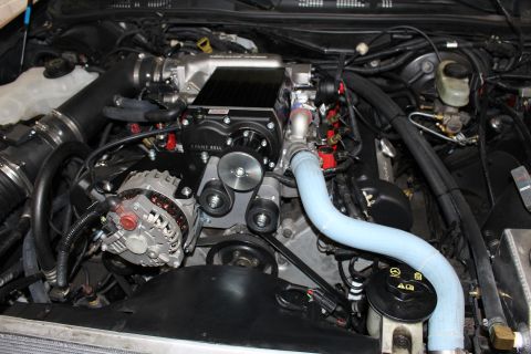 2003 Ford Crown Victoria - Engine compartment featuring a Kenne Bell supercharger, alternator, idler pulleys and blue silicone coolant tubing.