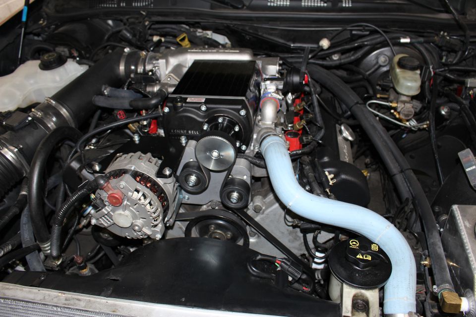 Engine bay with Kenne Bell blower, alternator and blue coolant hose