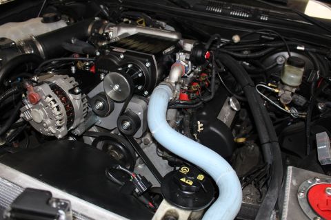 2003 Ford Crown Victoria - Engine compartment with a Kenne Bell supercharger, chrome alternator and a curved blue silicone coolant hose.