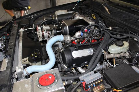 2003 Ford Crown Victoria - Engine compartment with a Kenne Bell supercharger, Trick Flow valve cover, blue coolant hose and red fuel fill plate.