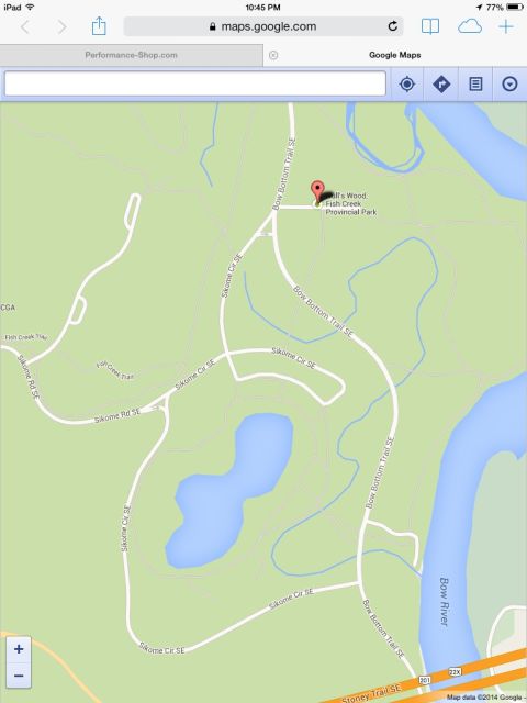 1965 Ford Fairlane - Screenshot of Google Maps displaying roads and bodies of water within Fish Creek Provincial Park.