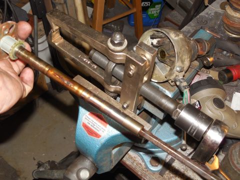 1983 Ford Bronco - The 16-tooth bronze gear has to be pressed off the shaft, and it's TIGHT. The shaft itself appears virtually undamaged, despite having over…