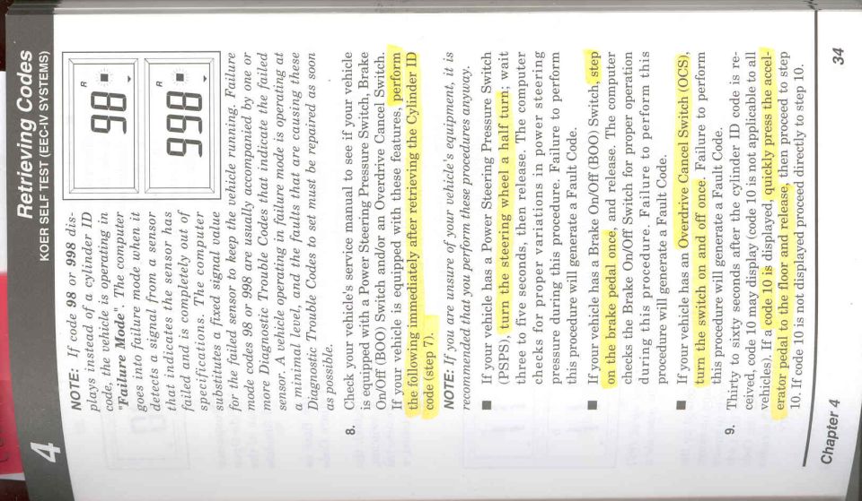EEC-IV KOER self test manual page 34 on 98/998 failure mode codes and cylinder ID steps
