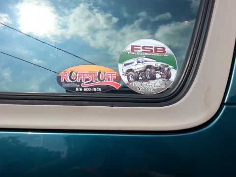 1996 Ford Bronco - Stickers on a vehicle window include one for Ruffstuff Specialties and another for a '78-'96 Ford Bronco 4x4 Club.