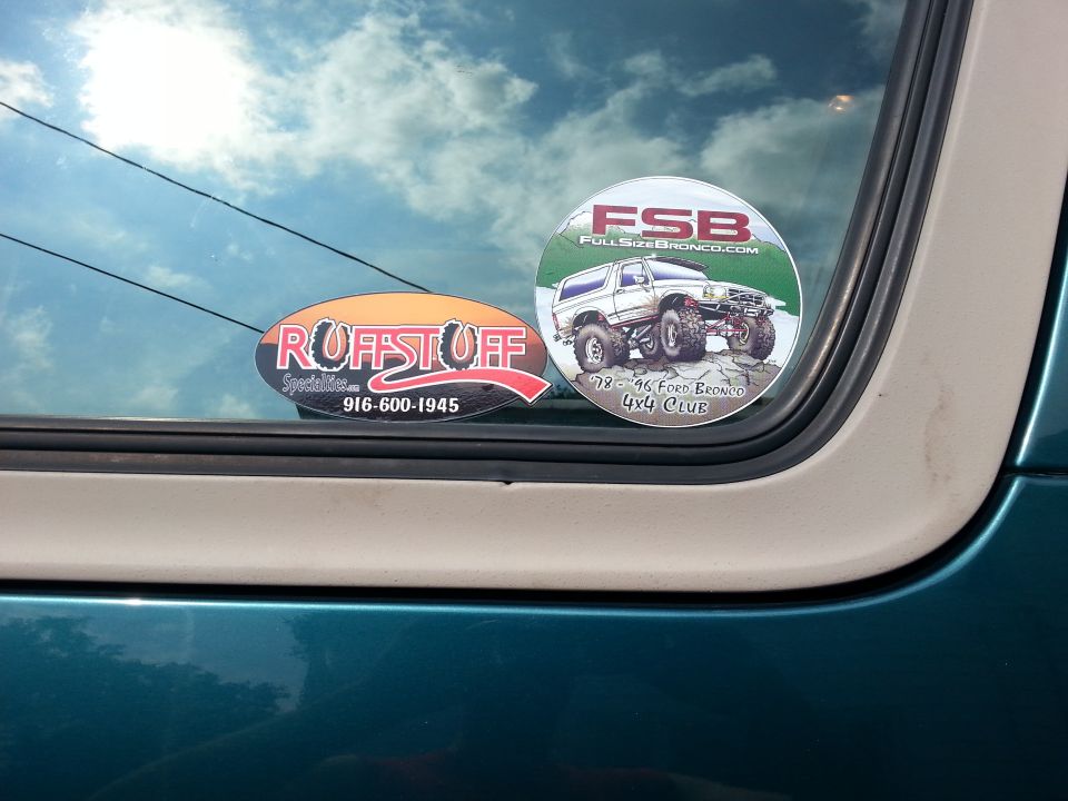Two stickers on a car window: one for Ruffstuff Specialties and another for '78-'96 Ford Bronco 4x4 Club