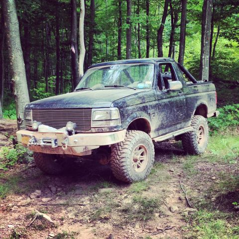 1995 Ford Bronco - This 1995 Ford Bronco is shown in a wooded area, equipped for off-road use with large tires and a modified bumper.