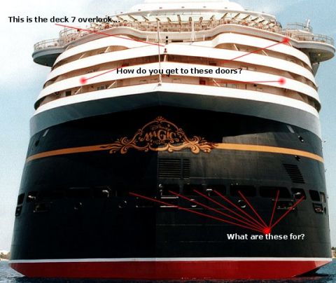 1997 Ford Taurus - The stern of a cruise ship is shown with red lines pointing to different areas and questions about them.