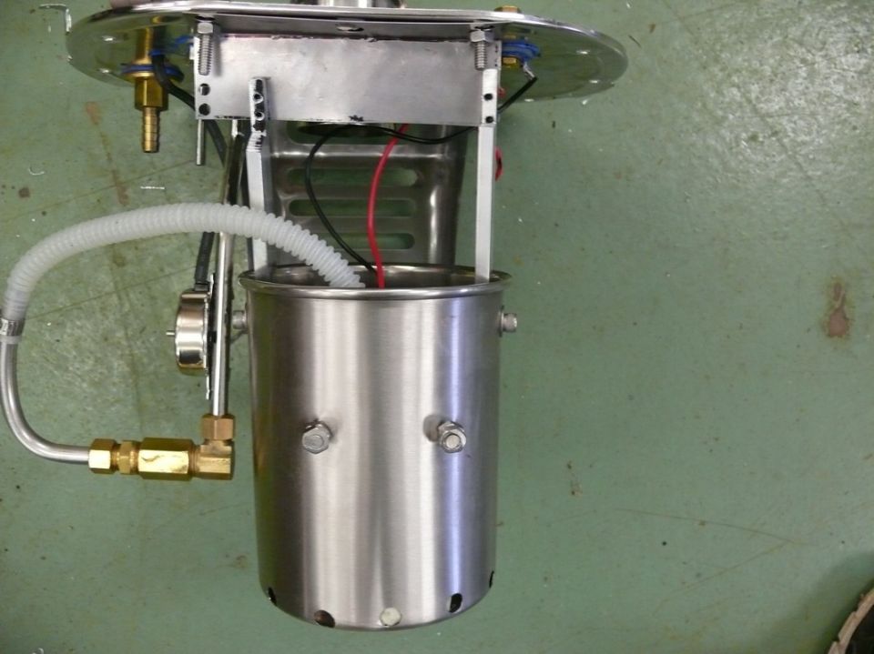 Fuel pump assembly with stainless steel canister, white hose, and brass fittings
