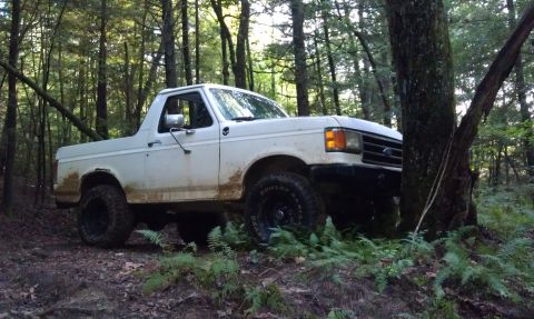 1990 Ford Bronco - A white 1990 Ford Bronco is seen navigating a wooded trail, with its tires on dirt and surrounded by foliage.