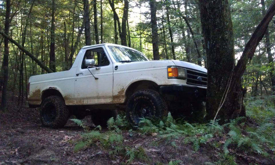 White 1990 Ford Bronco navigating a wooded trail, tires on dirt and foliage