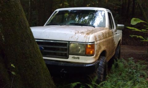1990 Ford Bronco - Mud-covered 1990 Ford Bronco parked in a wooded area.