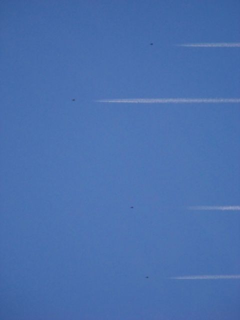 1995 Mercury Grand Marquis - Several airplanes create contrails across a clear blue sky.