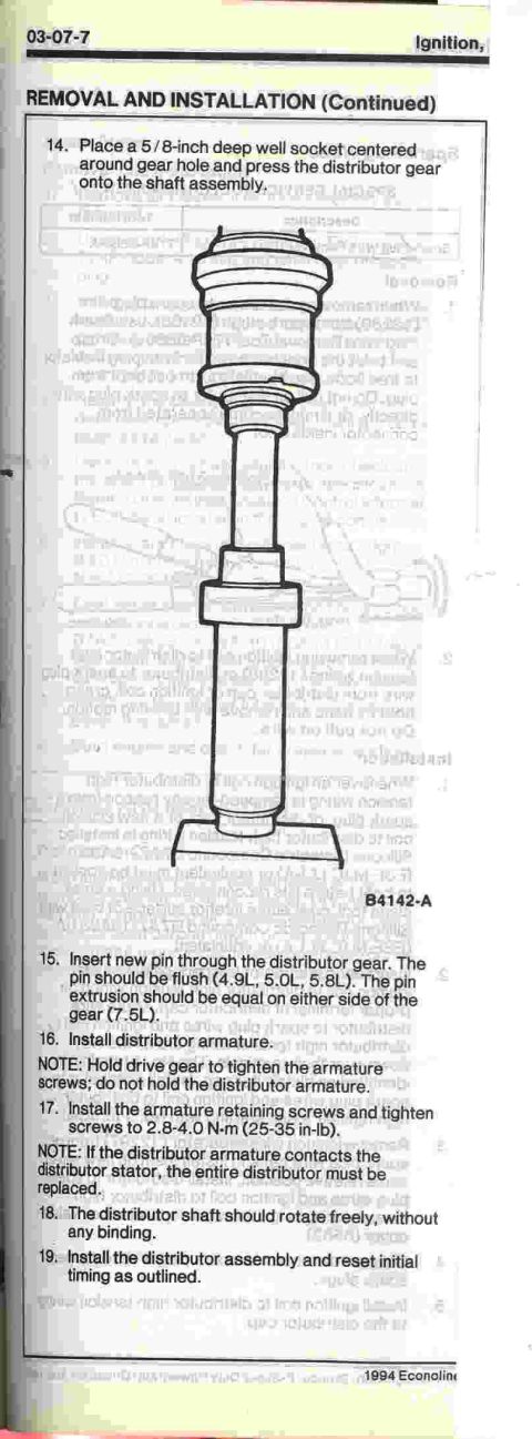 1996 Ford Bronco - Technical illustration details the removal and installation of a vehicle's distributor assembly.
