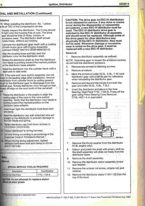 1996 Ford Bronco - This diagram illustrates the components of a distributor assembly, detailing its removal and installation process.