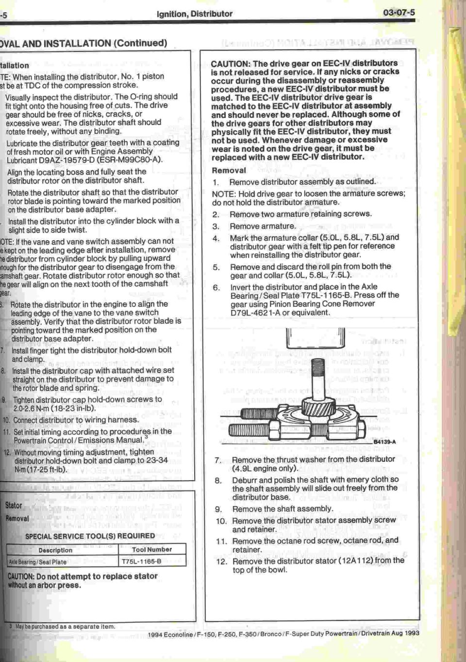 Ford EEC-IV distributor removal and installation procedure, 1994 Econoline/F-150/F-250/F-350