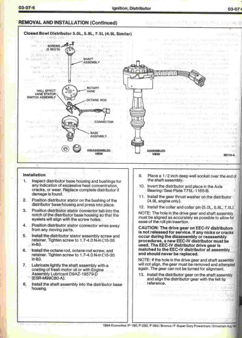 1996 Ford Bronco - This diagram illustrates the removal and installation process for a distributor, detailing its various parts.