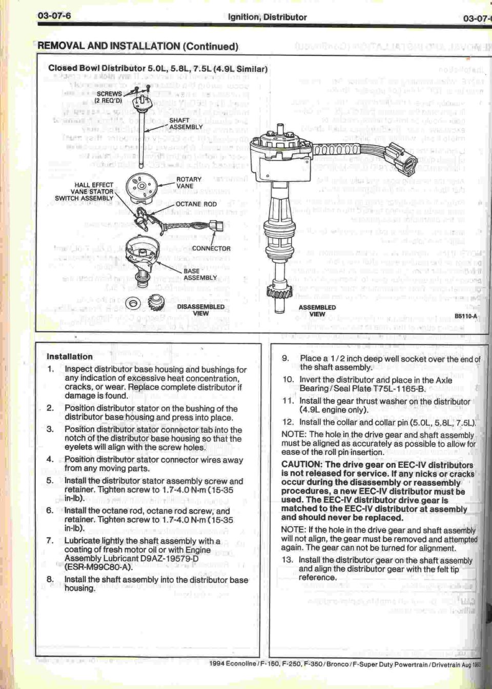 Distributor removal and installation manual page with disassembled and assembled views