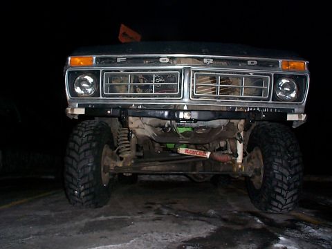 1979 Ford Bronco - Frontal view of a 1979 Ford Bronco, its distinctive grille and off-road tires.