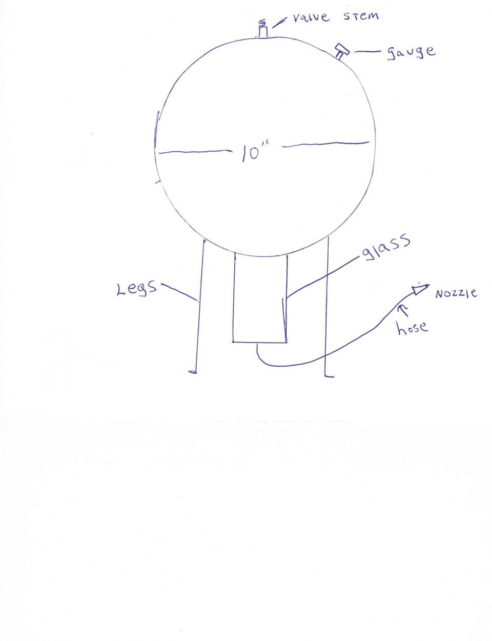 Hand-drawn schematic of a round tank with valve stem, gauge, legs, sight glass and hose
