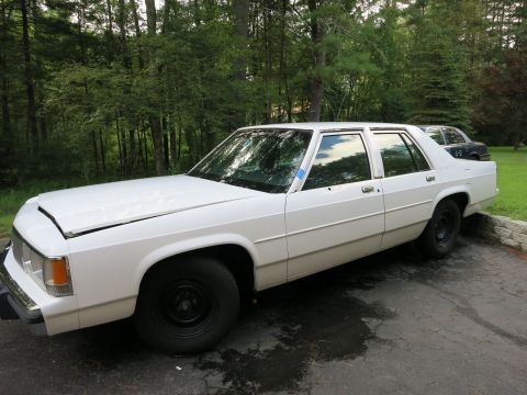 1991 Ford LTD Crown Victoria - A white sedan is parked on asphalt with a wooded area in the background.