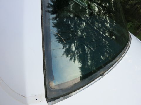 1991 Ford LTD Crown Victoria - The reflection of trees in the rear window of a white vehicle.