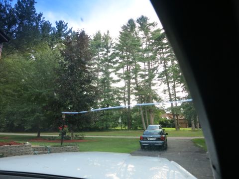 1991 Ford LTD Crown Victoria - A dark blue sedan is parked in a driveway, viewed from inside another vehicle.