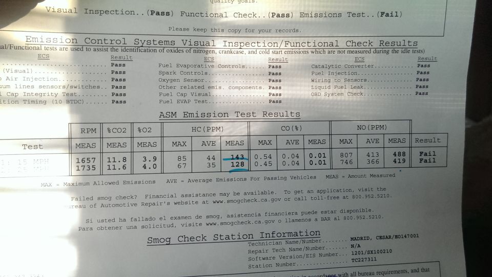 California Smog Check certificate, ASM emissions test results, emissions test failed