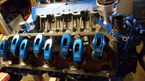 1972 Ford Ranchero - Blue Ford racing rocker arms installed on an engine block, showing internal engine components.