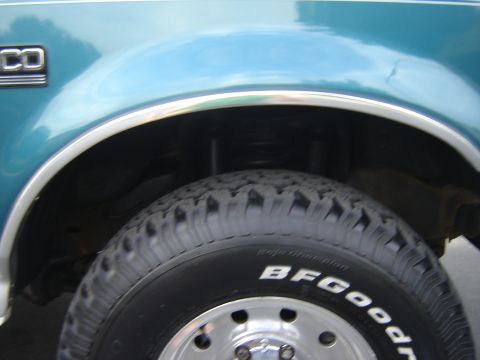 1996 Ford Bronco - Close-up of the fender badge and tire on a 1996 Ford Bronco.