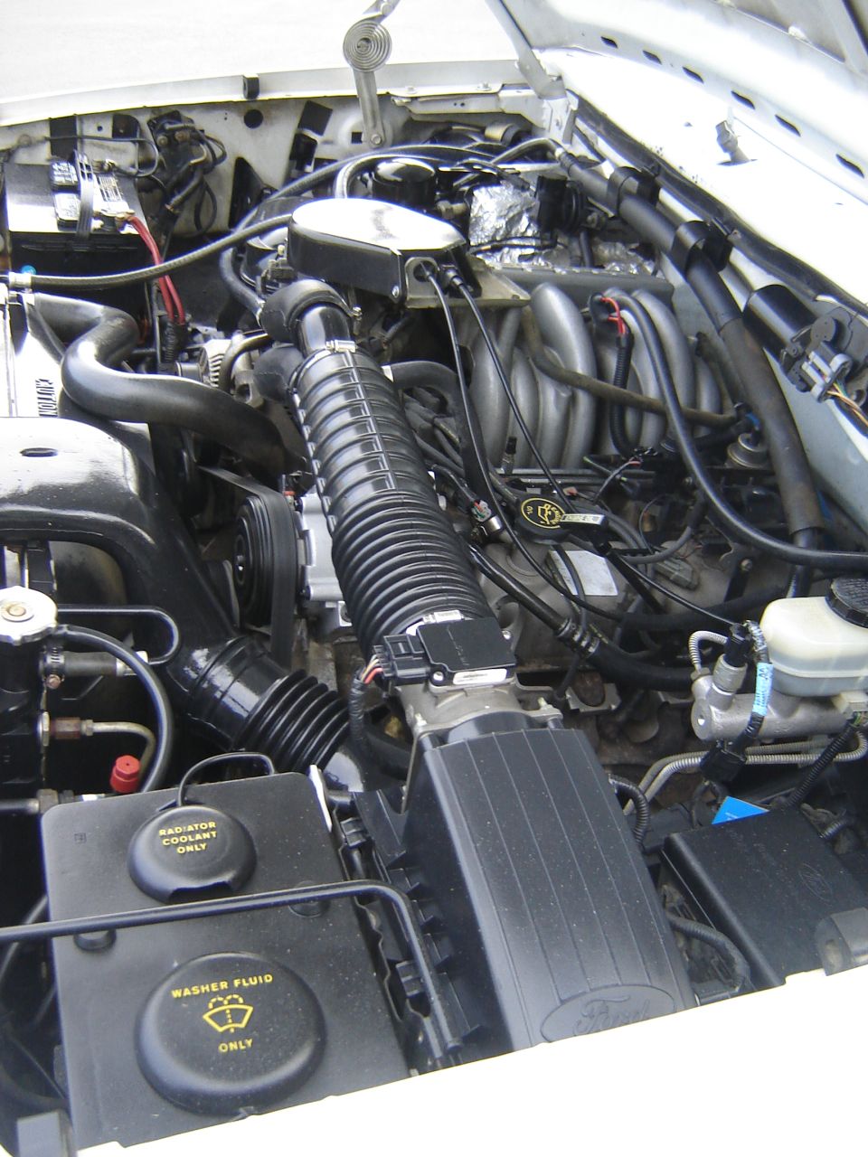 Engine bay with V8 engine, air intake, and fluid reservoirs
